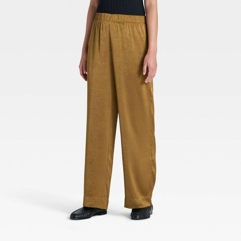 Women's Crinkled Satin Pull-On Pants - A New Day Brown XS